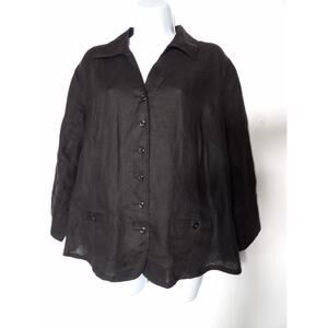 Talbots Irish Linen Blouse 12W Black Button Up Beach Lagenlook Coastal Casual